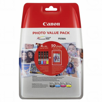 Originální inkoust Canon CLI-551XL C/M/Y/BK (6443B006), CMYK, 4 x 11 ml, 4-pack + 50x PP-201