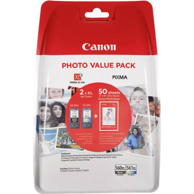 Originální inkoust Canon PG-560XL + CL-561XL (3712C004), +50x Photo Paper GP-501, XL